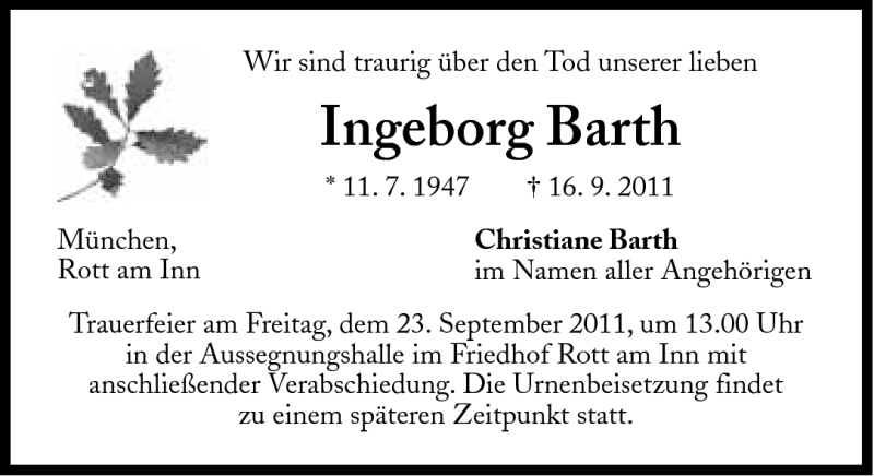  Traueranzeige für Ingeborg Barth vom 21.09.2011 aus Süddeutsche Zeitung