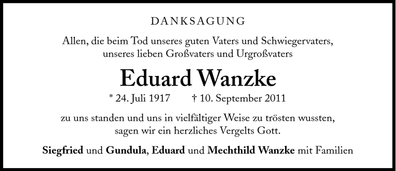  Traueranzeige für Eduard Wanzke vom 24.09.2011 aus Süddeutsche Zeitung