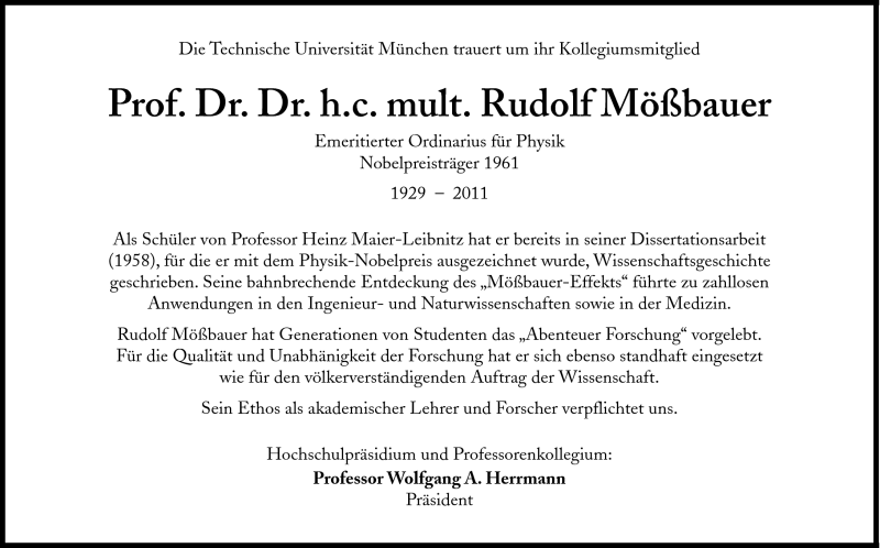  Traueranzeige für Rudolf L. Mößbauer vom 24.09.2011 aus Süddeutsche Zeitung