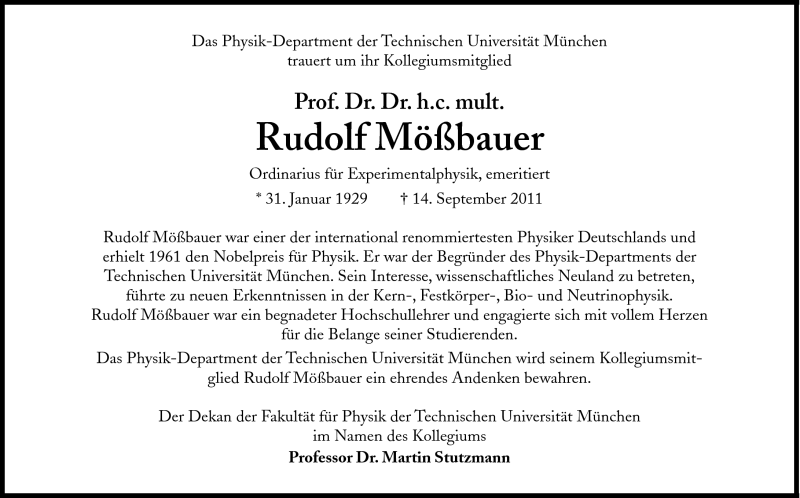  Traueranzeige für Rudolf L. Mößbauer vom 24.09.2011 aus Süddeutsche Zeitung