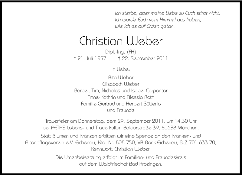  Traueranzeige für Christian Weber vom 27.09.2011 aus Süddeutsche Zeitung