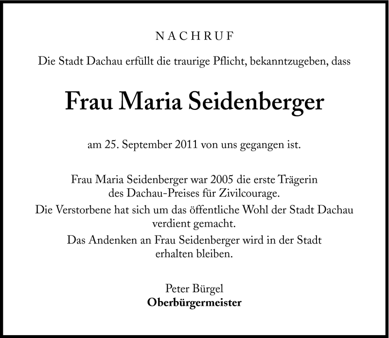  Traueranzeige für Maria Seidenberger vom 27.09.2011 aus Süddeutsche Zeitung
