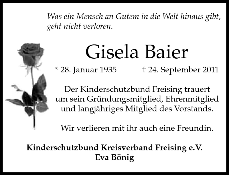  Traueranzeige für Gisela Baier vom 27.09.2011 aus Süddeutsche Zeitung