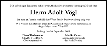 Traueranzeige von Adolf Vögl von Süddeutsche Zeitung