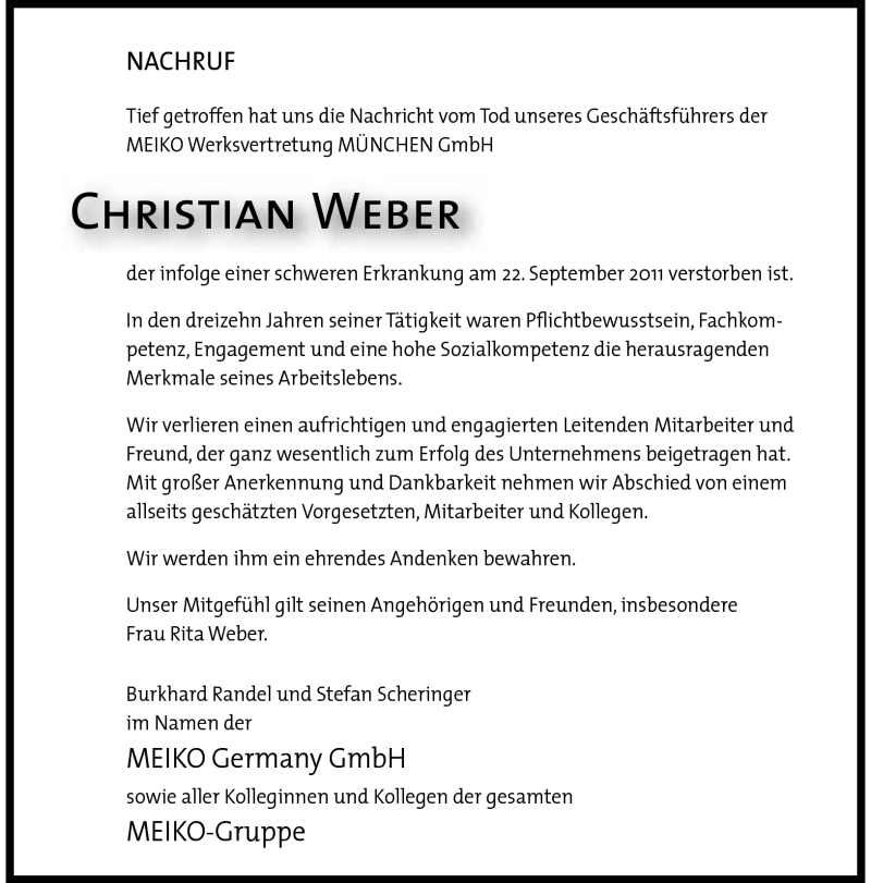  Traueranzeige für Christian Weber vom 29.09.2011 aus Süddeutsche Zeitung
