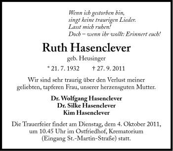 Traueranzeige von Ruth Hasenclever von Süddeutsche Zeitung