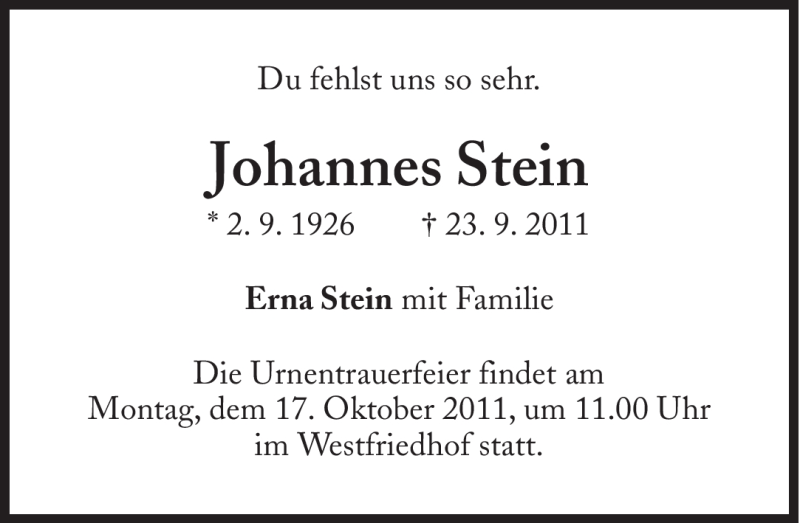  Traueranzeige für Johannes Stein vom 08.10.2011 aus Süddeutsche Zeitung