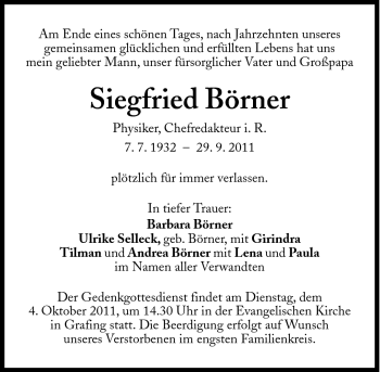 Traueranzeige von Siegfried Börner von Süddeutsche Zeitung