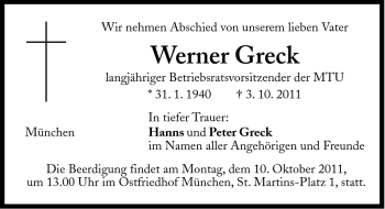 Traueranzeige von Werner Greck von Süddeutsche Zeitung