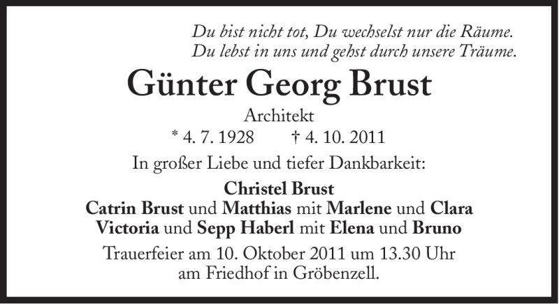  Traueranzeige für Günter Georg Brust vom 08.10.2011 aus Süddeutsche Zeitung