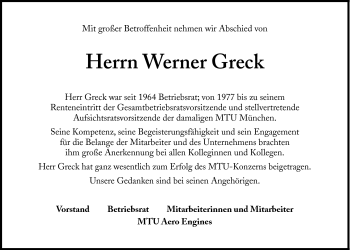 Traueranzeige von Werner Greck von Süddeutsche Zeitung