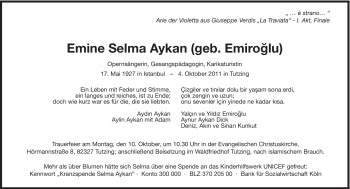 Traueranzeige von Emine Selma Aykan von Süddeutsche Zeitung