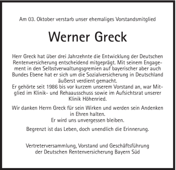 Traueranzeige von Werner Greck von Süddeutsche Zeitung