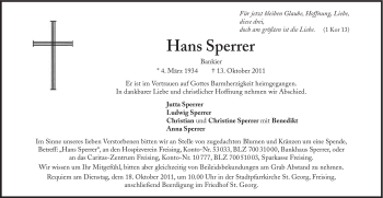 Traueranzeige von Hans Sperrer von Süddeutsche Zeitung