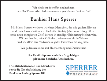 Traueranzeige von Hans Sperrer von Süddeutsche Zeitung