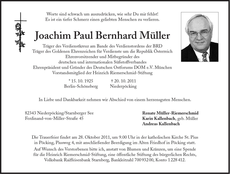  Traueranzeige für Joachim Paul Bernhard Müller vom 22.10.2011 aus Süddeutsche Zeitung