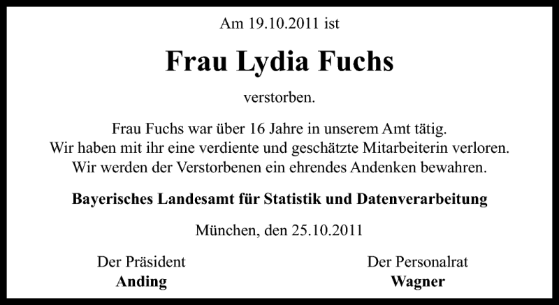  Traueranzeige für Lydia Fuchs vom 25.10.2011 aus Süddeutsche Zeitung