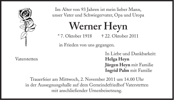 Traueranzeige von Werner Heyn von Süddeutsche Zeitung