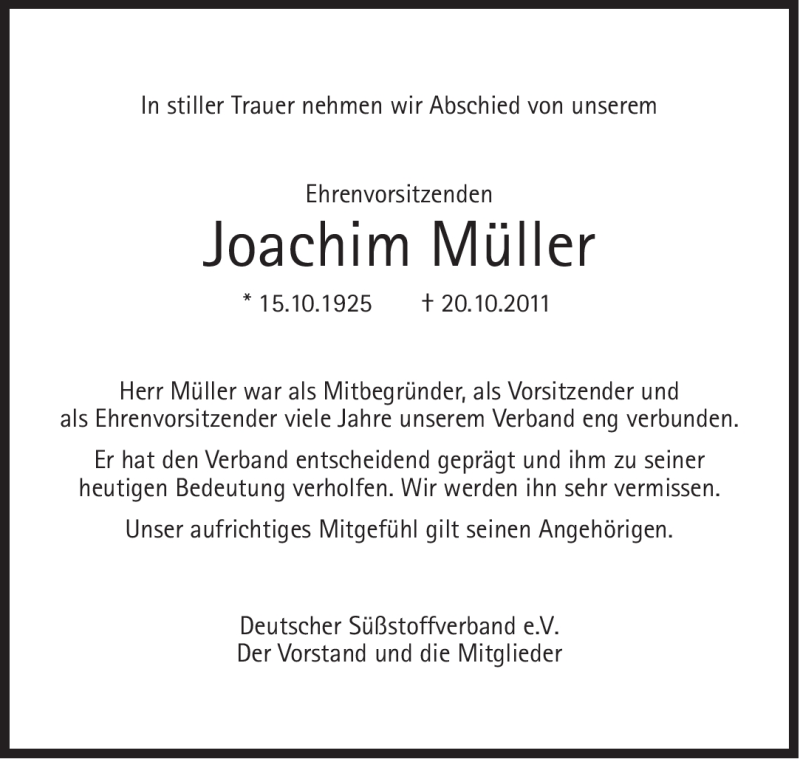  Traueranzeige für Joachim Paul Bernhard Müller vom 28.10.2011 aus Süddeutsche Zeitung