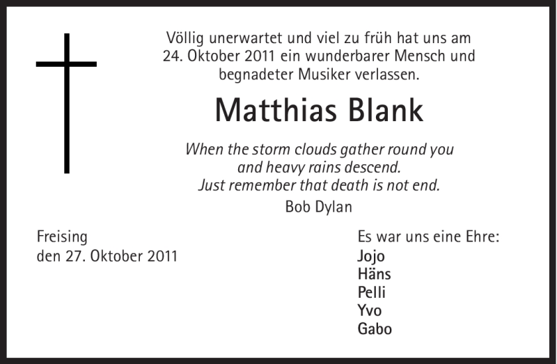  Traueranzeige für Matthias Blank vom 28.10.2011 aus Süddeutsche Zeitung