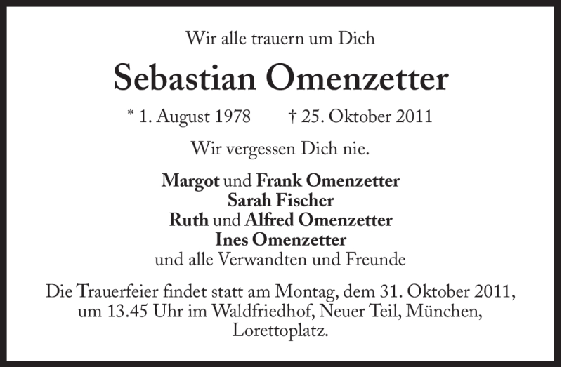  Traueranzeige für Sebastian Omenzetter vom 29.10.2011 aus Süddeutsche Zeitung