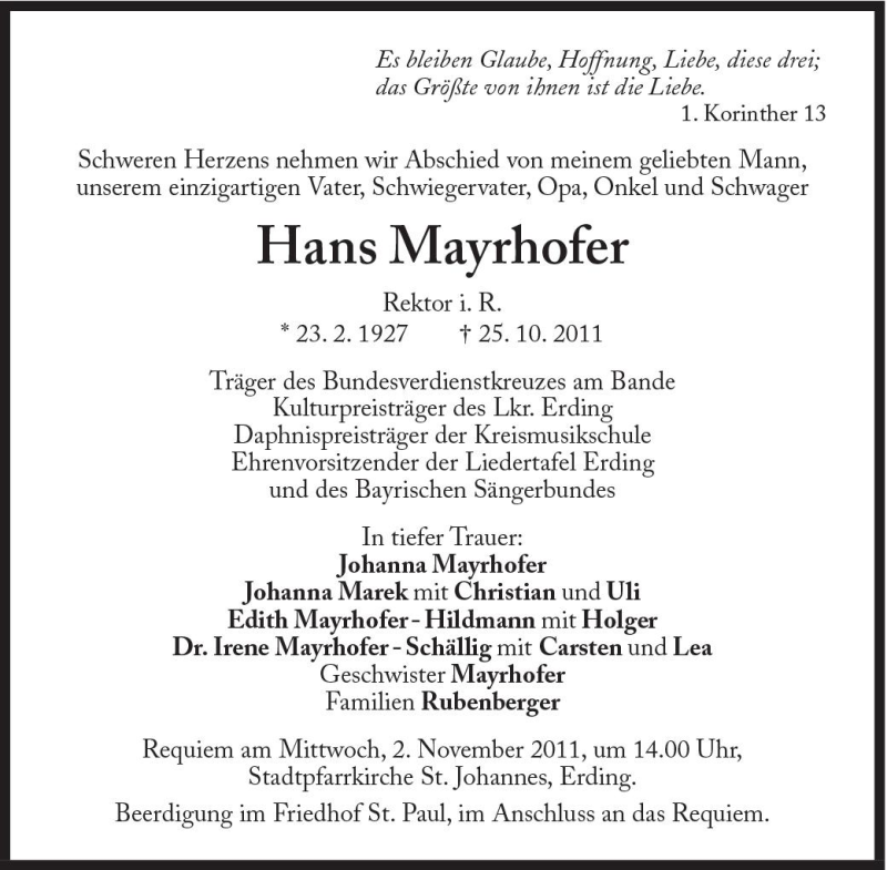  Traueranzeige für Hans Mayrhofer vom 29.10.2011 aus Süddeutsche Zeitung
