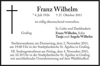 Traueranzeige von Franz Wilhelm von Süddeutsche Zeitung