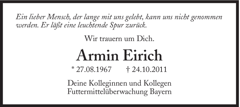  Traueranzeige für Armin Eirich vom 29.10.2011 aus Süddeutsche Zeitung
