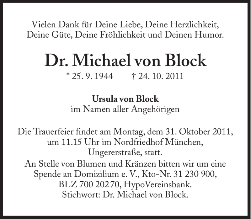  Traueranzeige für Michael von Block vom 29.10.2011 aus Süddeutsche Zeitung