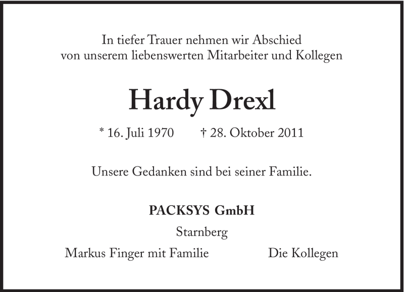  Traueranzeige für Hardy Drexl vom 02.11.2011 aus Süddeutsche Zeitung