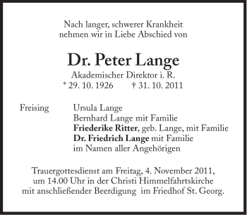 Traueranzeige von Peter Lange von Süddeutsche Zeitung