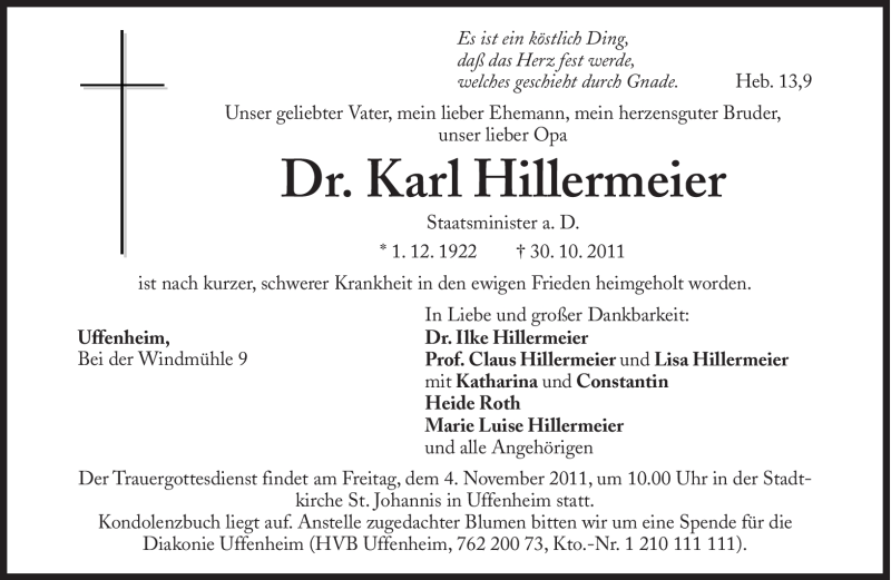 Traueranzeige für Karl Hillermeier vom 02.11.2011 aus Süddeutsche Zeitung