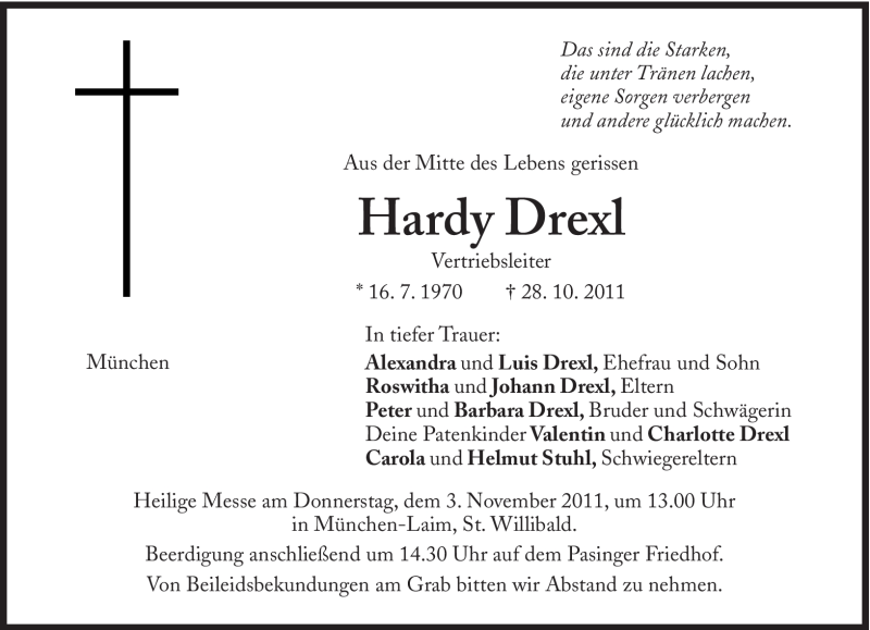  Traueranzeige für Hardy Drexl vom 02.11.2011 aus Süddeutsche Zeitung
