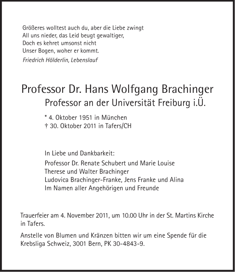  Traueranzeige für Hans Wolfgang Brachinger vom 02.11.2011 aus Süddeutsche Zeitung