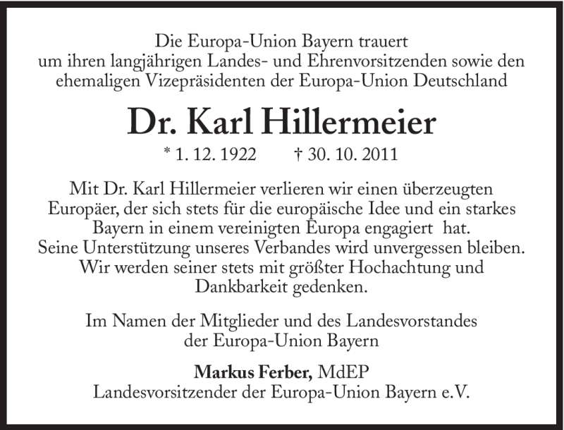  Traueranzeige für Karl Hillermeier vom 05.11.2011 aus Süddeutsche Zeitung