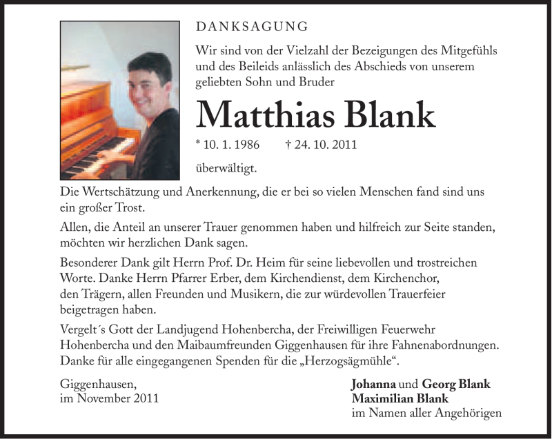  Traueranzeige für Matthias Blank vom 12.11.2011 aus Süddeutsche Zeitung