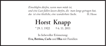 Traueranzeige von Horst Knapp von Süddeutsche Zeitung