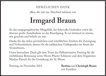 Traueranzeige von Irmgard Braun von Süddeutsche Zeitung