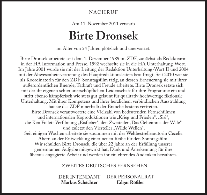  Traueranzeige für Birte Dronsek vom 17.11.2011 aus Süddeutsche Zeitung