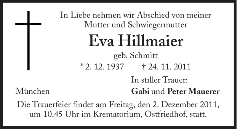  Traueranzeige für Eva Hillmaier vom 29.11.2011 aus Süddeutsche Zeitung