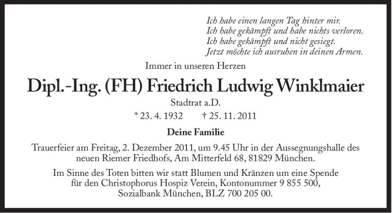  Traueranzeige für Friedrich Ludwig Winklmaier vom 29.11.2011 aus Süddeutsche Zeitung