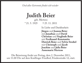 Traueranzeige von Judith Beier von Süddeutsche Zeitung