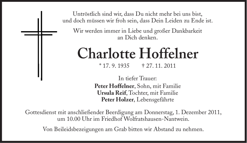  Traueranzeige für Charlotte Hoffelner vom 29.11.2011 aus Süddeutsche Zeitung