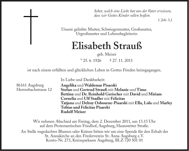 Traueranzeige für Elisabeth Strauß vom 30.11.2011 aus Süddeutsche Zeitung