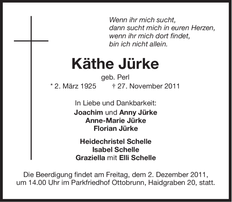  Traueranzeige für Käthe Jürke vom 30.11.2011 aus Süddeutsche Zeitung