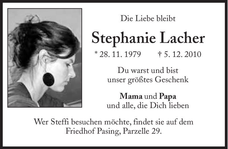  Traueranzeige für Stephanie Lacher vom 03.12.2011 aus Süddeutsche Zeitung