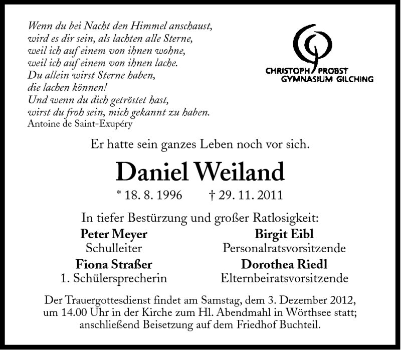  Traueranzeige für Daniel Weiland vom 02.12.2011 aus Süddeutsche Zeitung