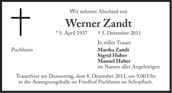 Traueranzeige von Werner Zandt von Süddeutsche Zeitung