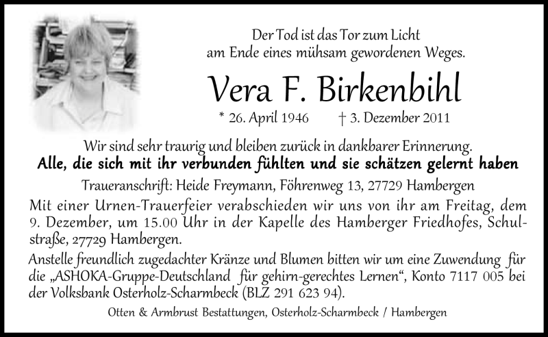  Traueranzeige für Vera F. Birkenbihl vom 08.12.2011 aus Süddeutsche Zeitung