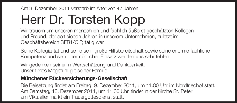  Traueranzeige für Torsten Kopp vom 08.12.2011 aus Süddeutsche Zeitung